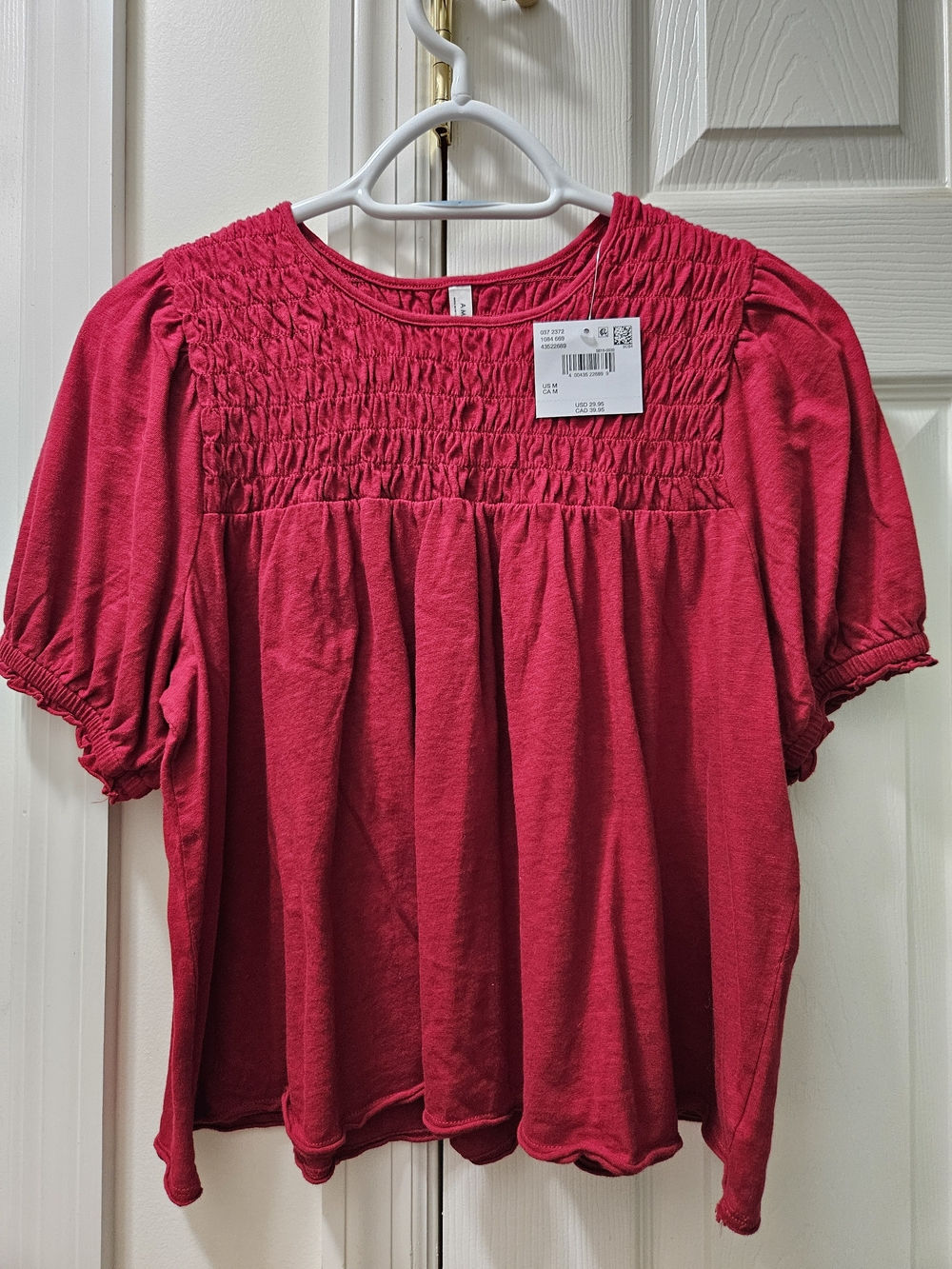 American Eagle Outfitters Red Smocked Yoke Puff Sleeve Top